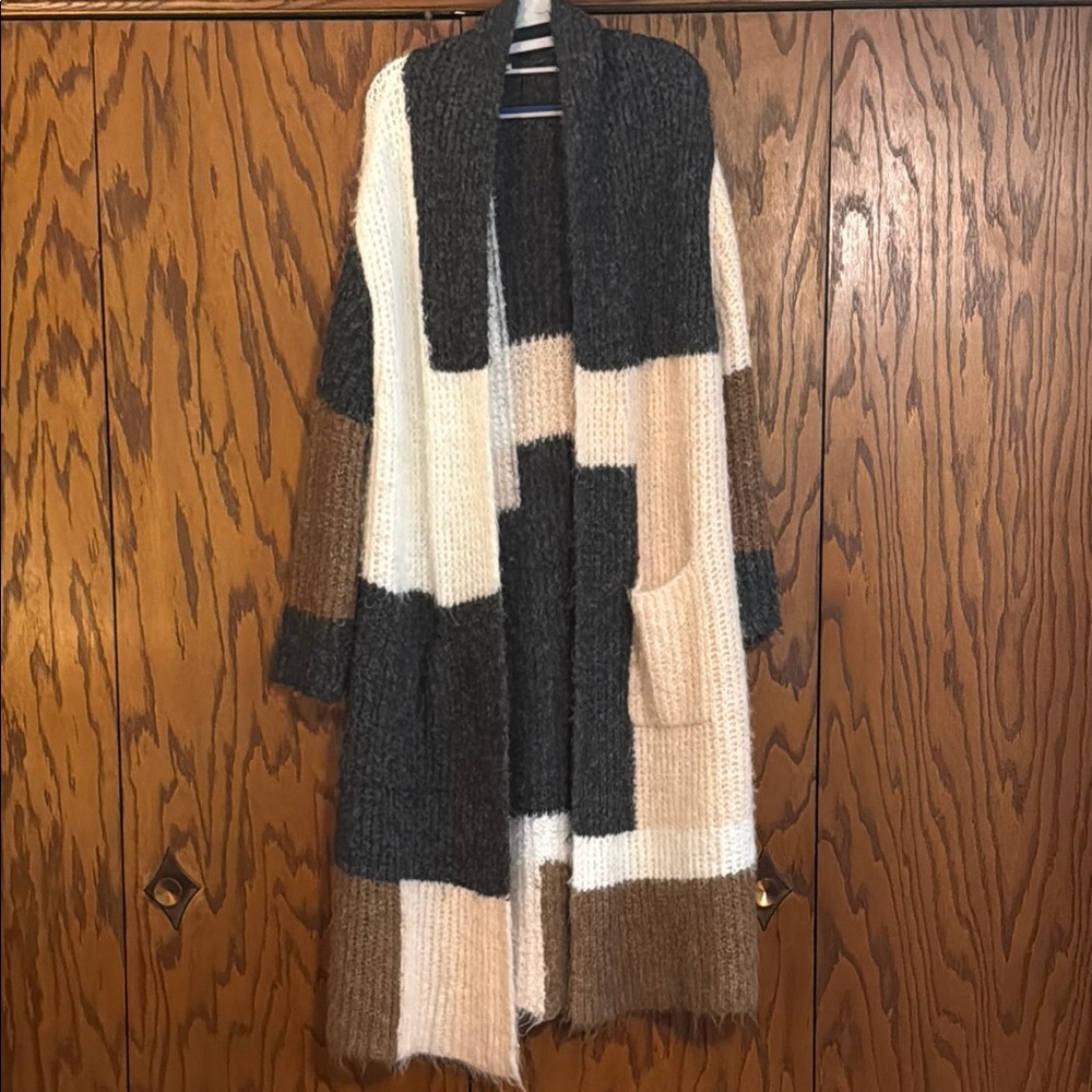 a.n.a Chunky Colorblock Longline Cardigan | Charcoal Cream Brown | Size M